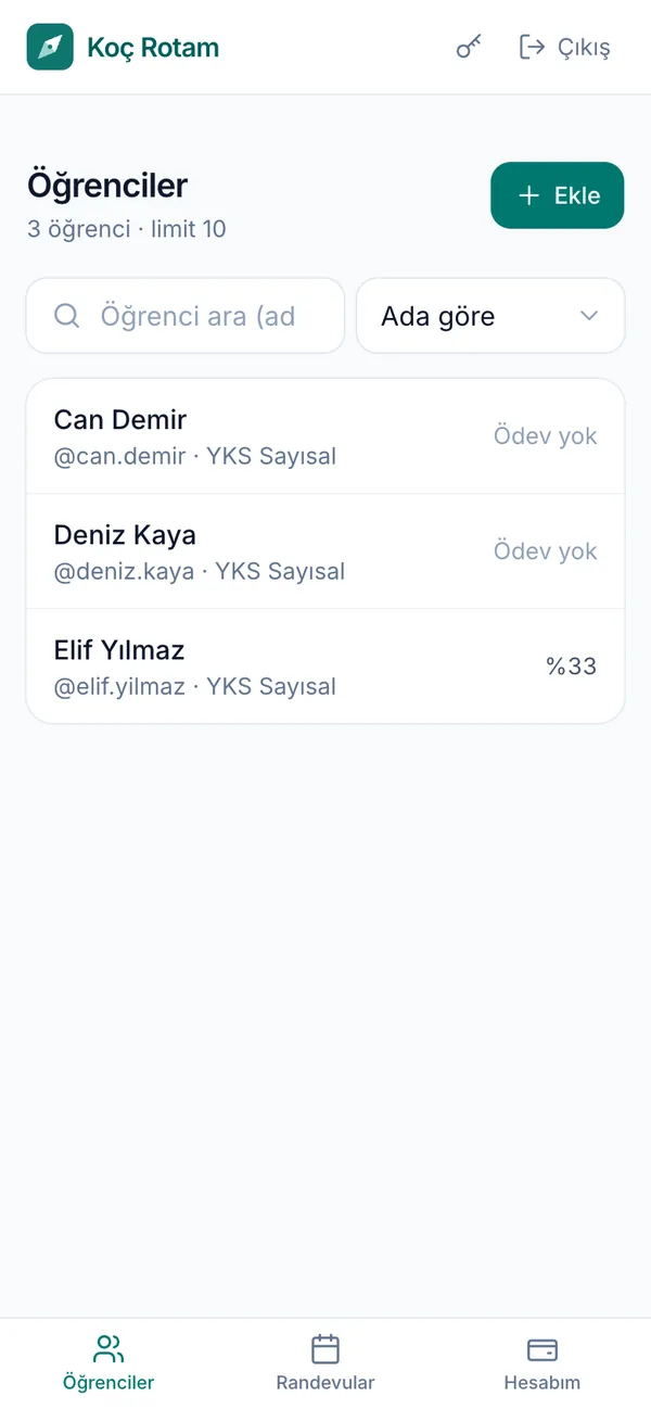 Öğretmen öğrenci listesi: öğrenciler ve bu haftaki ödev tamamlama oranları